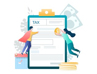 Fototapeta premium People filing tax form, vector illustration. Tax payment, income tax return filing deadline, taxation concept.