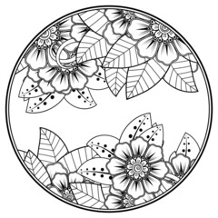 Outline round flower pattern in mehndi style for henna mehndi tattoo decoration.