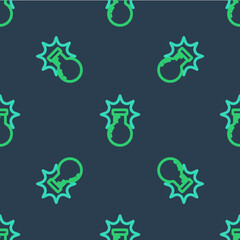 Line Chemical experiment, explosion in the flask icon isolated seamless pattern on blue background. Chemical explosion in a test tube. Vector