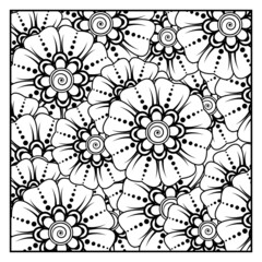 Outline square flower pattern in mehndi style for coloring book page.