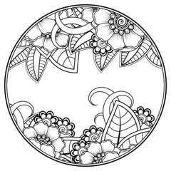 Outline round flower pattern in mehndi style for henna mehndi tattoo decoration.