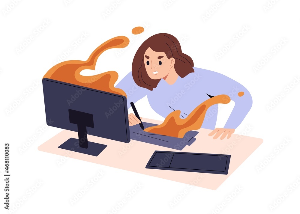Poster person work hard at computer. burning deadline concept. busy woman hurrying, working in rush at desk