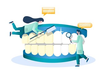 Doctor dentist whitening human teeth, vector illustration. Dentistry, oral health, hygiene, professional teeth bleaching