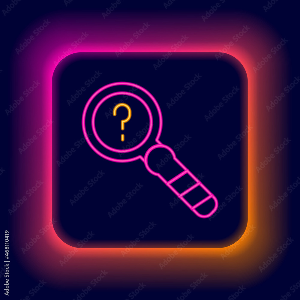 Poster glowing neon line unknown search icon isolated on black background. magnifying glass and question ma