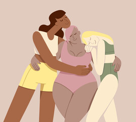 Three women are hugging together. Women friendship and support. Galentine's day. Concept of female support. Group hug.