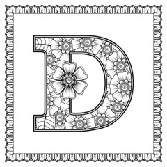 Letter D made of flowers in mehndi style. coloring book page. outline hand-draw vector illustration.