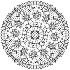 Outline round flower pattern in mehndi style for henna mehndi tattoo decoration.