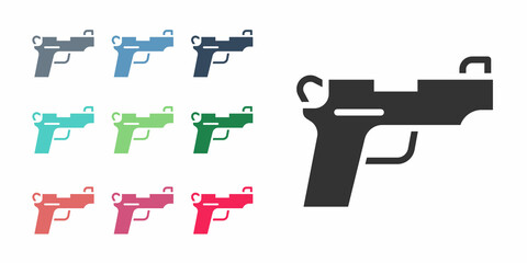 Black Pistol or gun icon isolated on white background. Police or military handgun. Small firearm. Set icons colorful. Vector