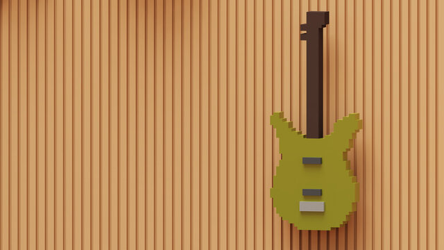 3d rendered green voxel guitar on wall. pixel art and music equipment on voxel.