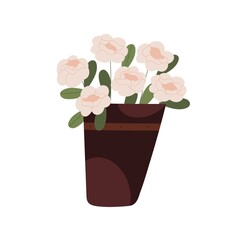 Fresh blossomed flowers in vase. Floral bouquet with gorgeous buds in pot. Blooming plant with leaves and lush petals in flowerpot. Flat vector illustration of houseplant isolated on white background