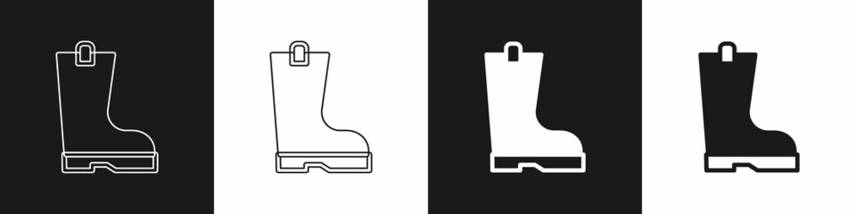 Set Waterproof rubber boot icon isolated on black and white background. Gumboots for rainy weather, fishing, gardening. Vector