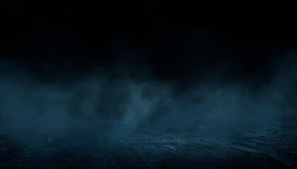 Dark street, wet asphalt, reflections of rays in the water. Abstract dark blue background, smoke, smog. Empty dark scene, neon light, spotlights. Concrete floor