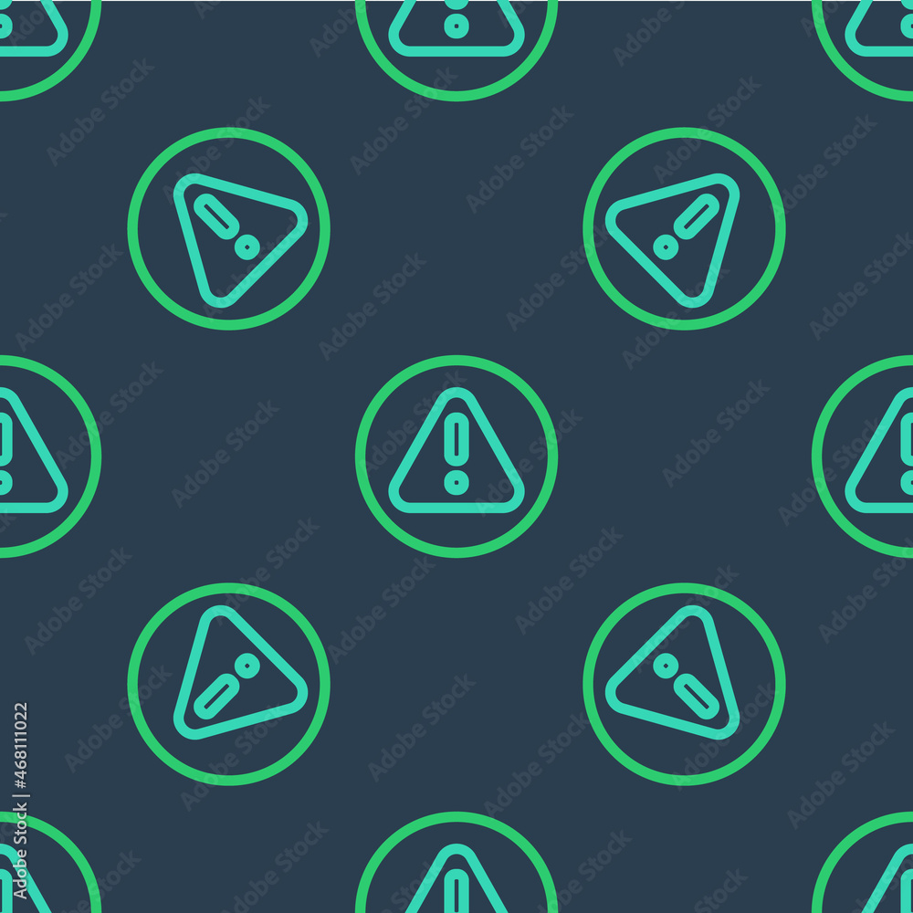 Poster line exclamation mark in triangle icon isolated seamless pattern on blue background. hazard warning 