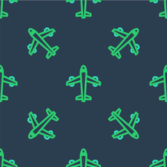 Line Plane icon isolated seamless pattern on blue background. Flying airplane icon. Airliner sign. Vector