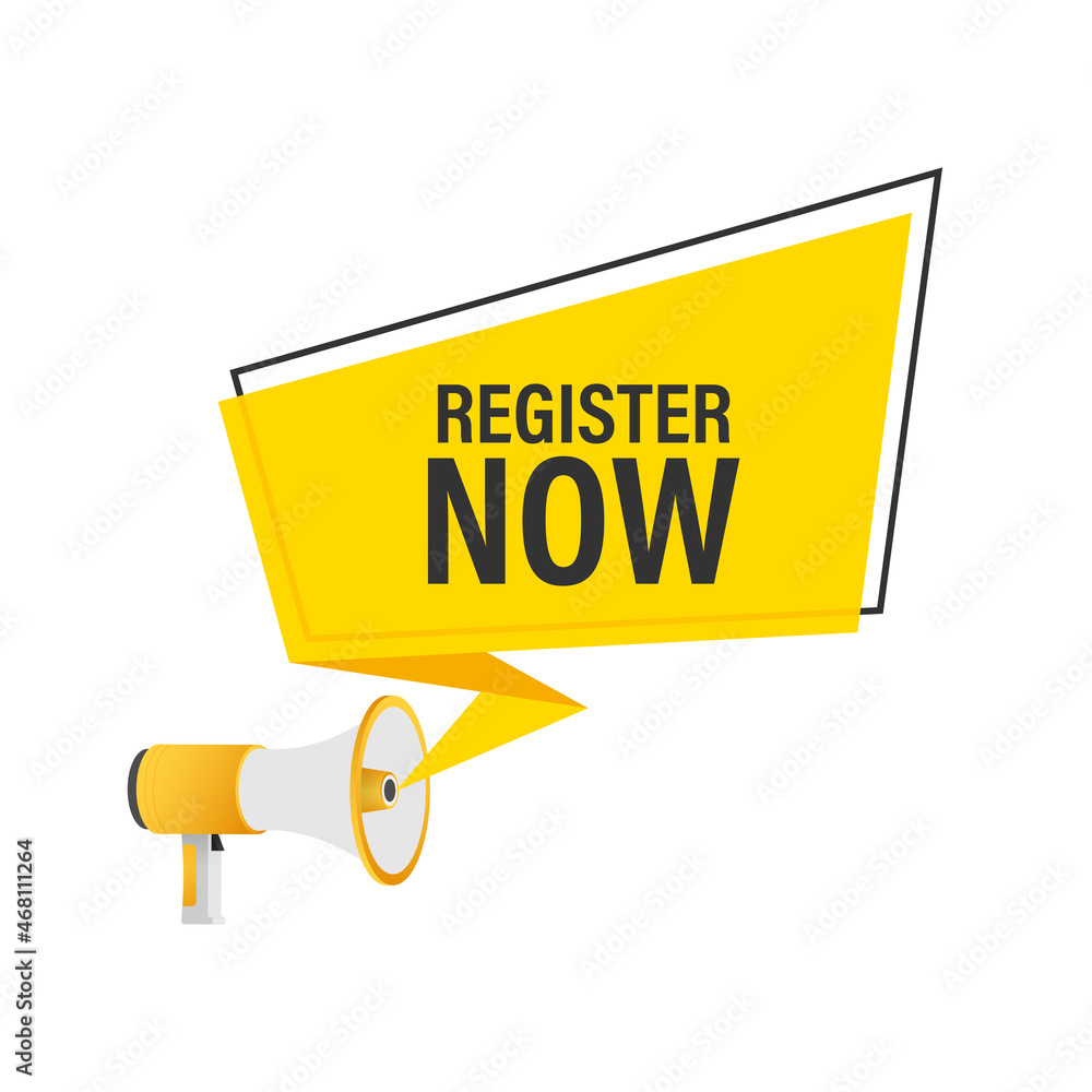 Poster megaphone label with register now. megaphone banner. web design. vector stock illustration