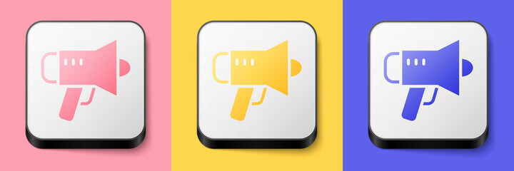 Isometric Megaphone icon isolated on pink, yellow and blue background. Speaker sign. Square button. Vector