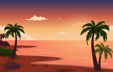 Naklejka na ściany i meble Beautiful Sunset Beach Sea Vacation Holiday Tropical Vector Illustration