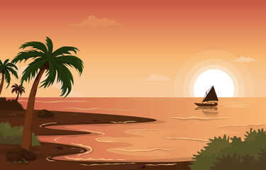 Boat Beach Landscape View Sea Vacation Holiday Tropical Vector Illustration