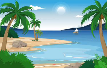 Fototapeta na wymiar Boat Beach Landscape View Sea Vacation Holiday Tropical Vector Illustration