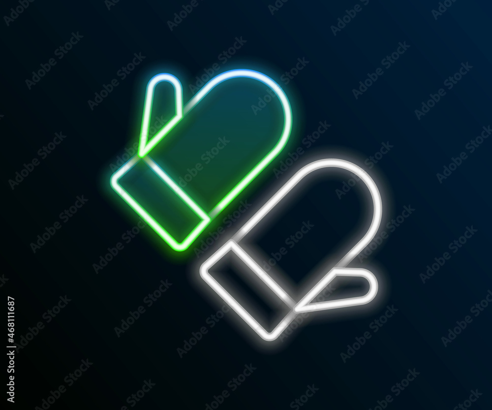 Sticker Glowing neon line Christmas mitten icon isolated on black background. Merry Christmas and Happy New Year. Colorful outline concept. Vector