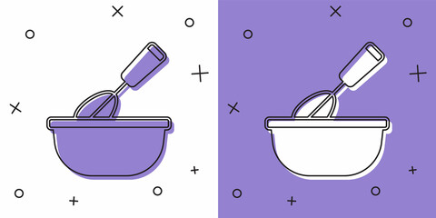 Set Cooking whisk with bowl icon isolated on white and purple background. Cooking utensil, egg beater. Cutlery sign. Food mix symbol. Vector