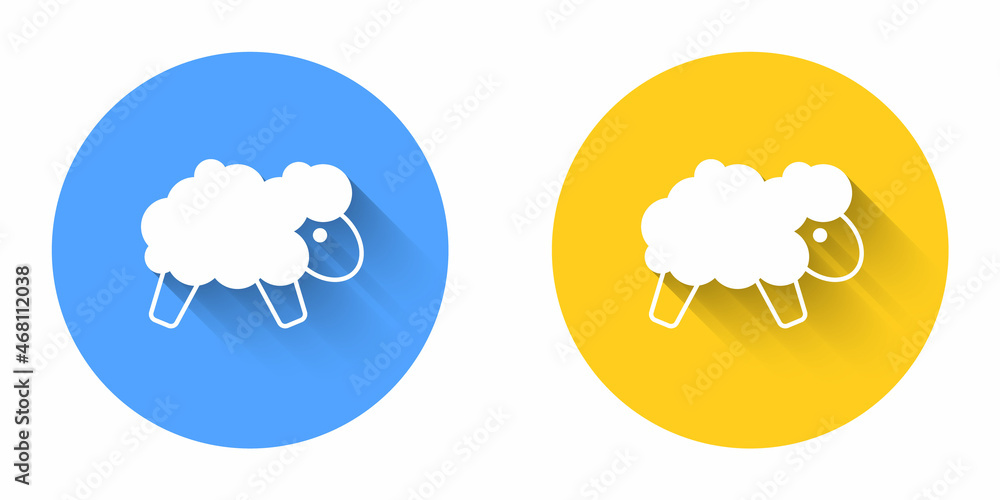 Poster white sheep icon isolated with long shadow background. counting sheep to fall asleep. circle button.