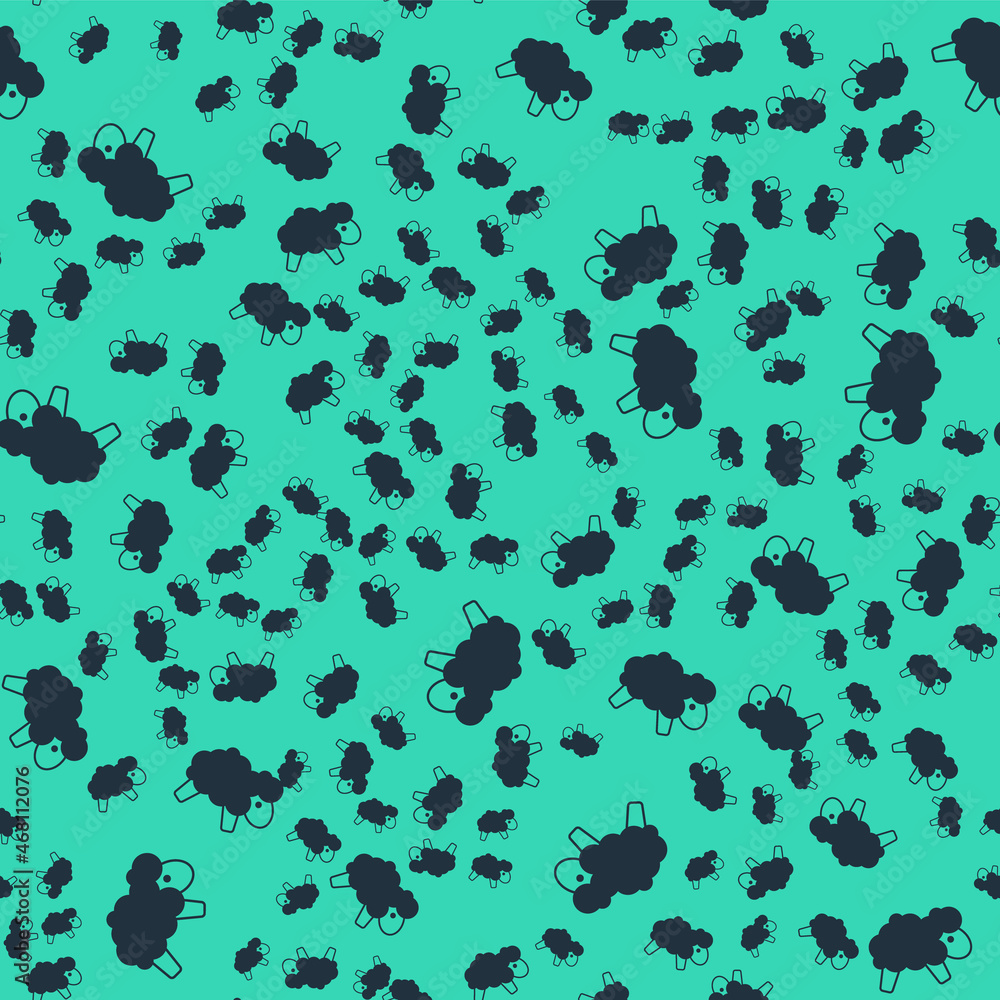 Poster black sheep icon isolated seamless pattern on green background. counting sheep to fall asleep. vecto