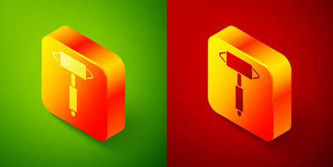 Isometric Firefighter axe icon isolated on green and red background. Fire axe. Square button. Vector