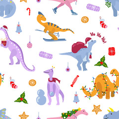 Christmas seamless pattern. Cute hand drawn dinosaurs. Design for fabric, textile, packaging, wrapping paper.