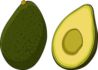 Avocado icons set. Bright green whole fruit or vegetables, half, slices, with a large seed. Food for a healthy diet. Vector flat colored illustration