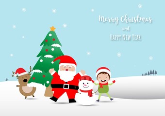 Merry Christmas. Card design with character like Santa Claus, snow man, kid and reindeer with Christmas tree. Vector illustration.