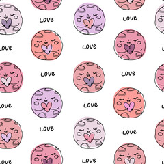 Cute doodle planets hearts in space text love pattern. For Valentine's Day, weddings. White paper for scrapbooking doodle cosmos.