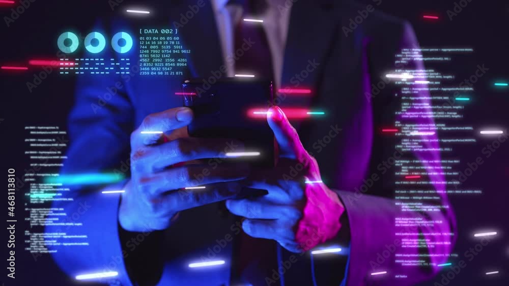 Poster business man using mobile phone ai chatbot futuristic interface nft crypto currency defi data analyt