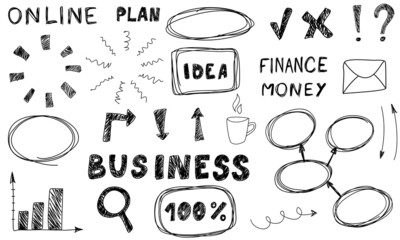 Doodle idea frames line arrows heart light bulb finance money text. Business sketch magnifier set cute isolated collection for office.