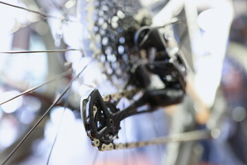 Fototapeta na wymiar Closeup of iron chains on rear wheel of bicycle