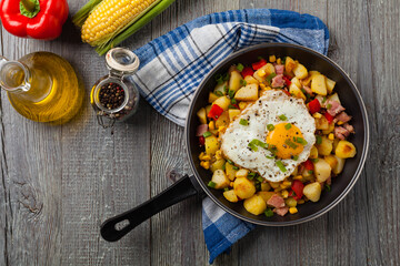 Traditional American hash with fried eggs. Top view.
