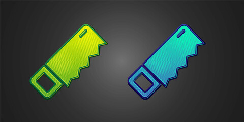 Green and blue Hand saw icon isolated on black background. Vector