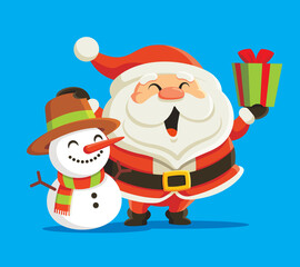 Merry Christmas and Happy New Year. Cute cartoon Santa Claus holding Christmas present and hand touch on snowman head. Holiday greeting card Santa Claus and snowman. Vector illustration.