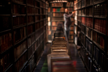 Ancient wooden library. Old books on wooden shelf High quality photo