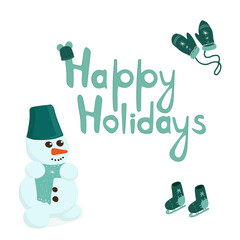 Merry christmas and happy new year poster with snowman and gloves, holiday lettering. Vector illustration