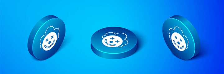 Isometric Clown head icon isolated on blue background. Blue circle button. Vector