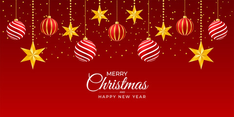 Fototapeta na wymiar Merry christmas banner with red ball and golden stars with christmas ornamects red background