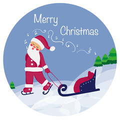 Greeting card with Santa in cartoon style, festive lettering .Vector illustration