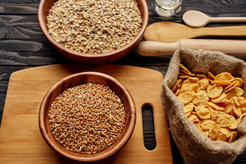 wooden tableware breakfast Ingredients view from above