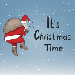 Greeting card with Santa in cartoon style, festive lettering .Vector illustration