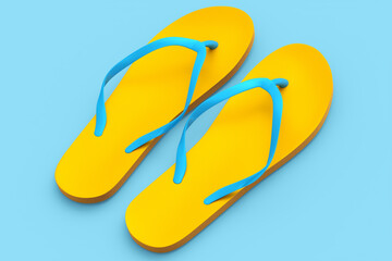 Beach orange flip-flops or sandals isolated on blue background.