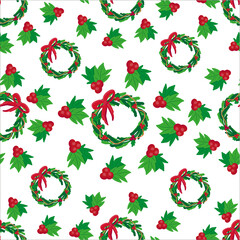 festive pattern of spruce wreaths and red and green leaves. Vector illustration