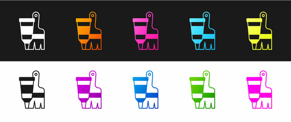 Set Tube with paint palette and brush icon isolated on black and white background. Vector