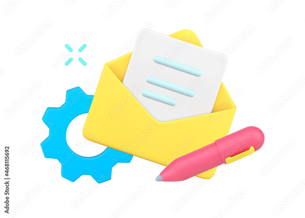 Poster writing new letter sending at open envelope with paper blank simple 3d isometric vector illustration
