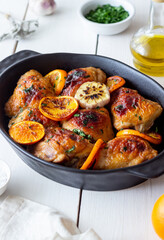 Baked chicken with oranges, garlic and mint. Recipe.